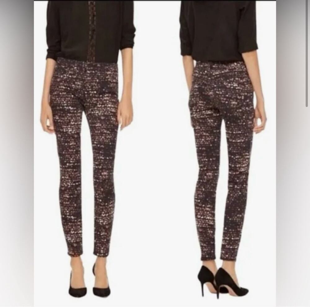 Tory Burch Night City Light Printed Skinny Jeans Pants Black Gold Multi Size 27